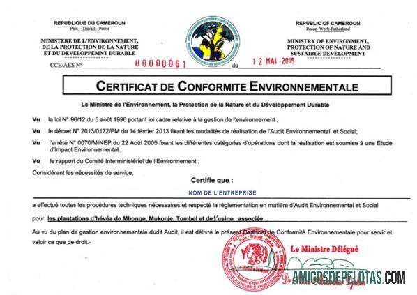 Exemplo de certificado de registro de Camarões